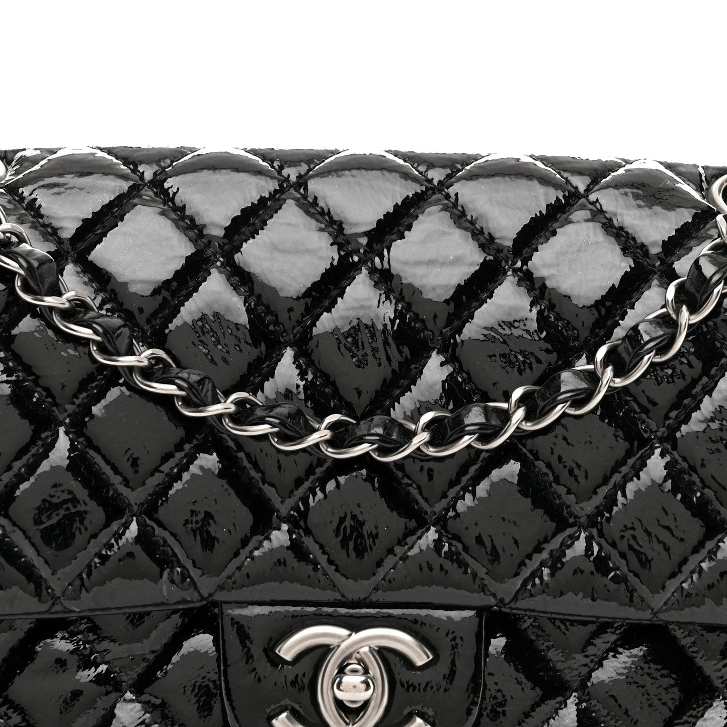 Distressed Patent Quilted Medium Double Flap Black