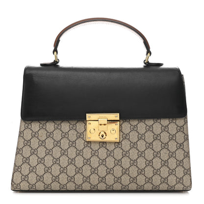 GG Supreme Monogram Calfskin Medium Padlock Top Handle Bag Beige Black Cuir