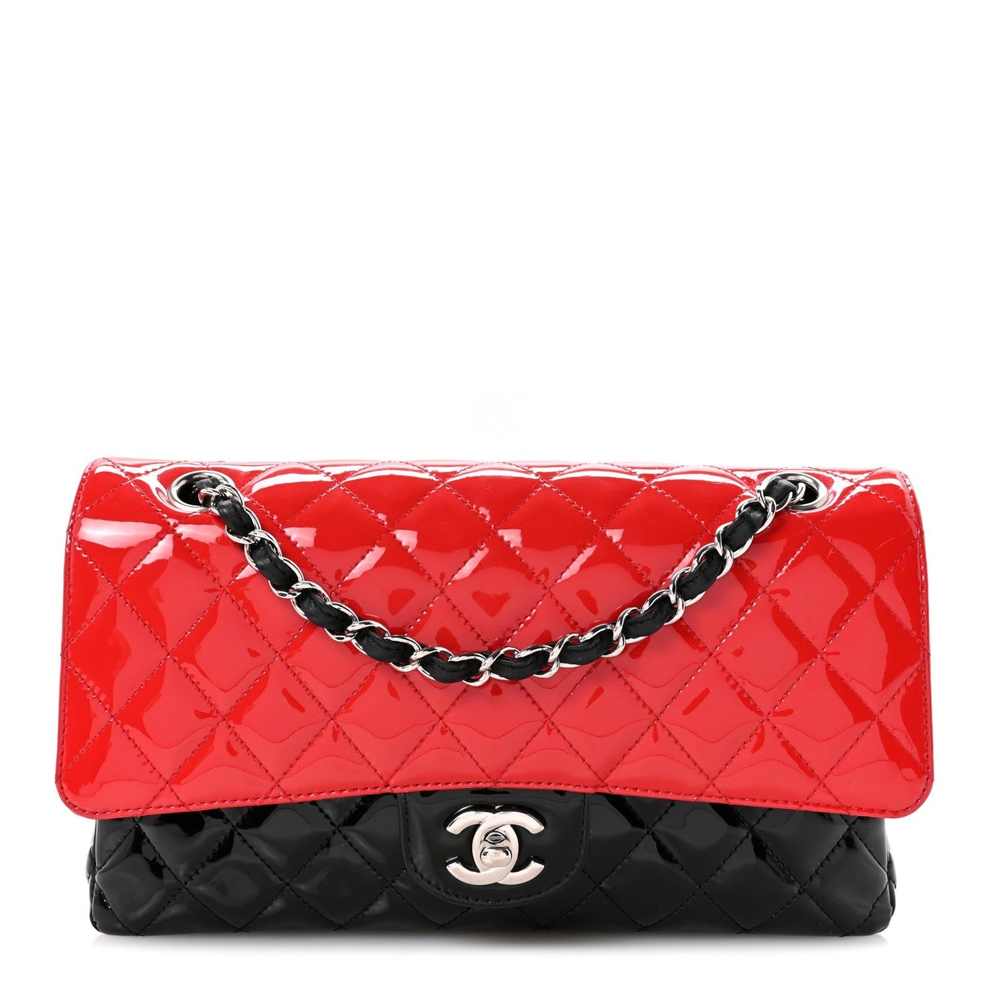 Patent Calfskin Quilted Bi-Color Medium Double Flap Black Red