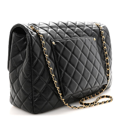 Grained Calfskin Quilted XXL Travel Flap Bag Black