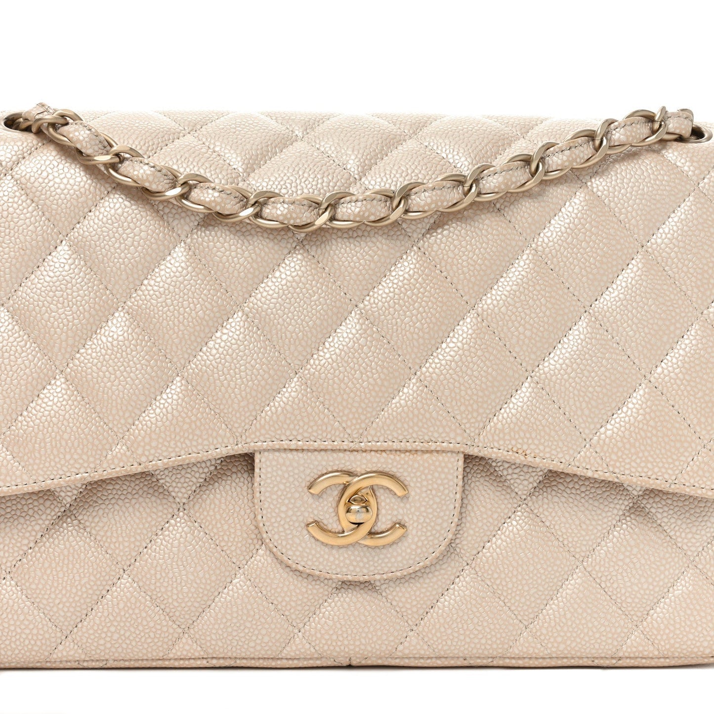 Iridescent Caviar Quilted Jumbo Double Flap Beige