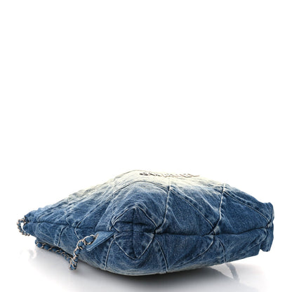 Denim Quilted Chanel 22 Backpack Blue