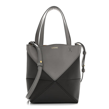 Shiny Calfskin Mini Puzzle Fold Tote Pearl Grey Dark Grey