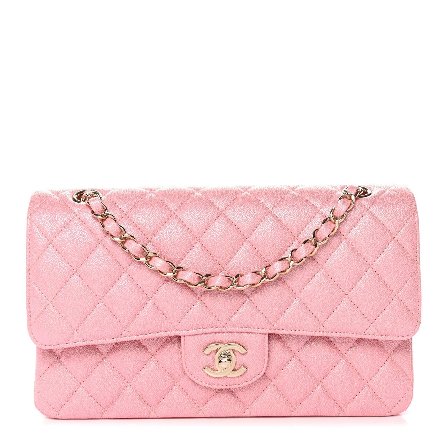 Iridescent Caviar Quilted Medium Double Flap Rose Pink