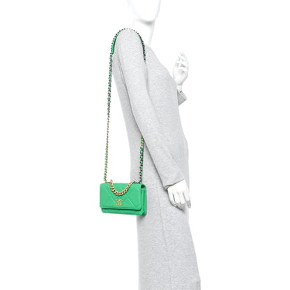 Shiny Goatskin Quilted Chanel 19 Wallet On Chain WOC Green