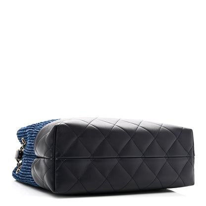 Tweed Shiny Lambskin Quilted Coco Base Small Shopping Bag Dark Blue