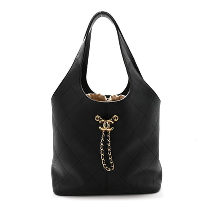 Calfskin Quilted Large Shopping Bag Black