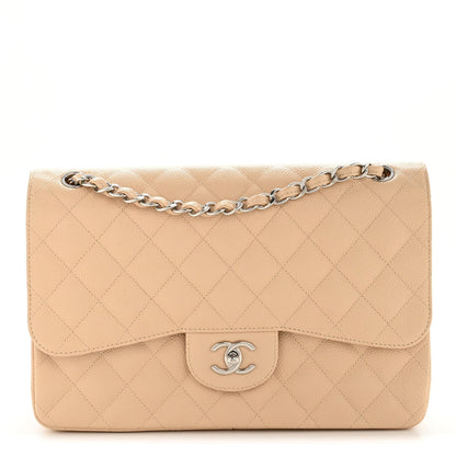 Caviar Quilted Jumbo Double Flap Beige Clair