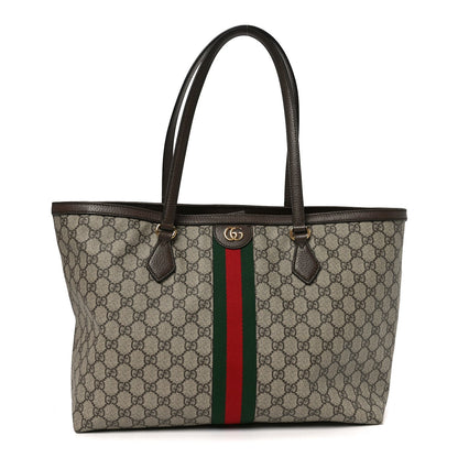 GG Supreme Monogram Textured Calfskin Web Medium Ophidia Shopping Tote Beige Ebony New Acero